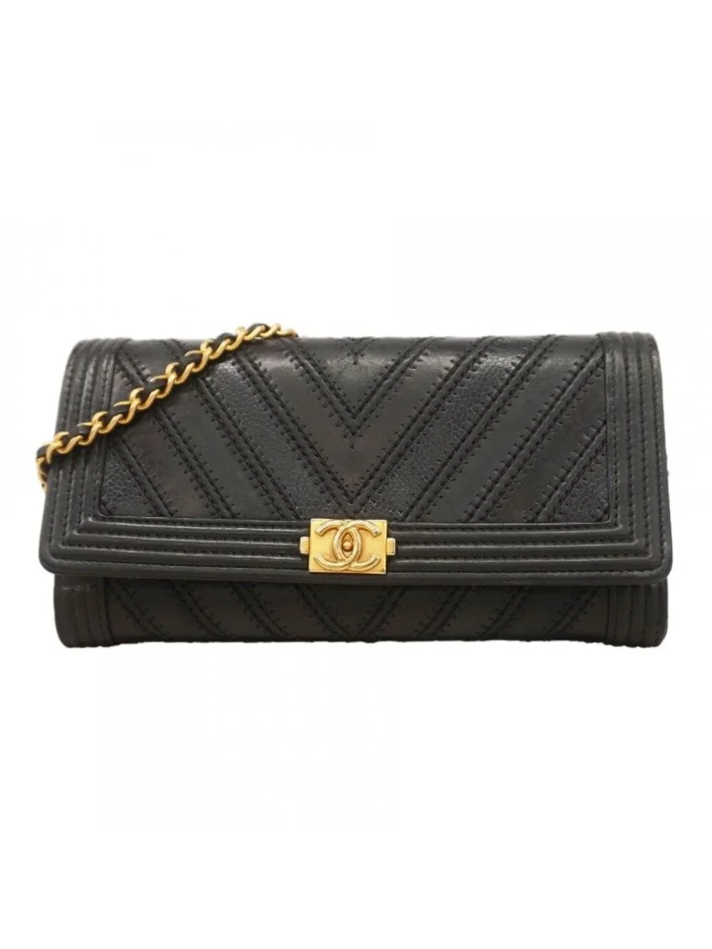 Chanel Shoulder Wallet Boy Blanc Leather Black Gold